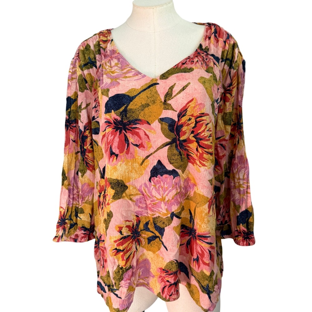 Terra & Sky Floral Blouse Sz 2X Pink‎ Yellow Plus Size 3/4 sleeve boho gauzy